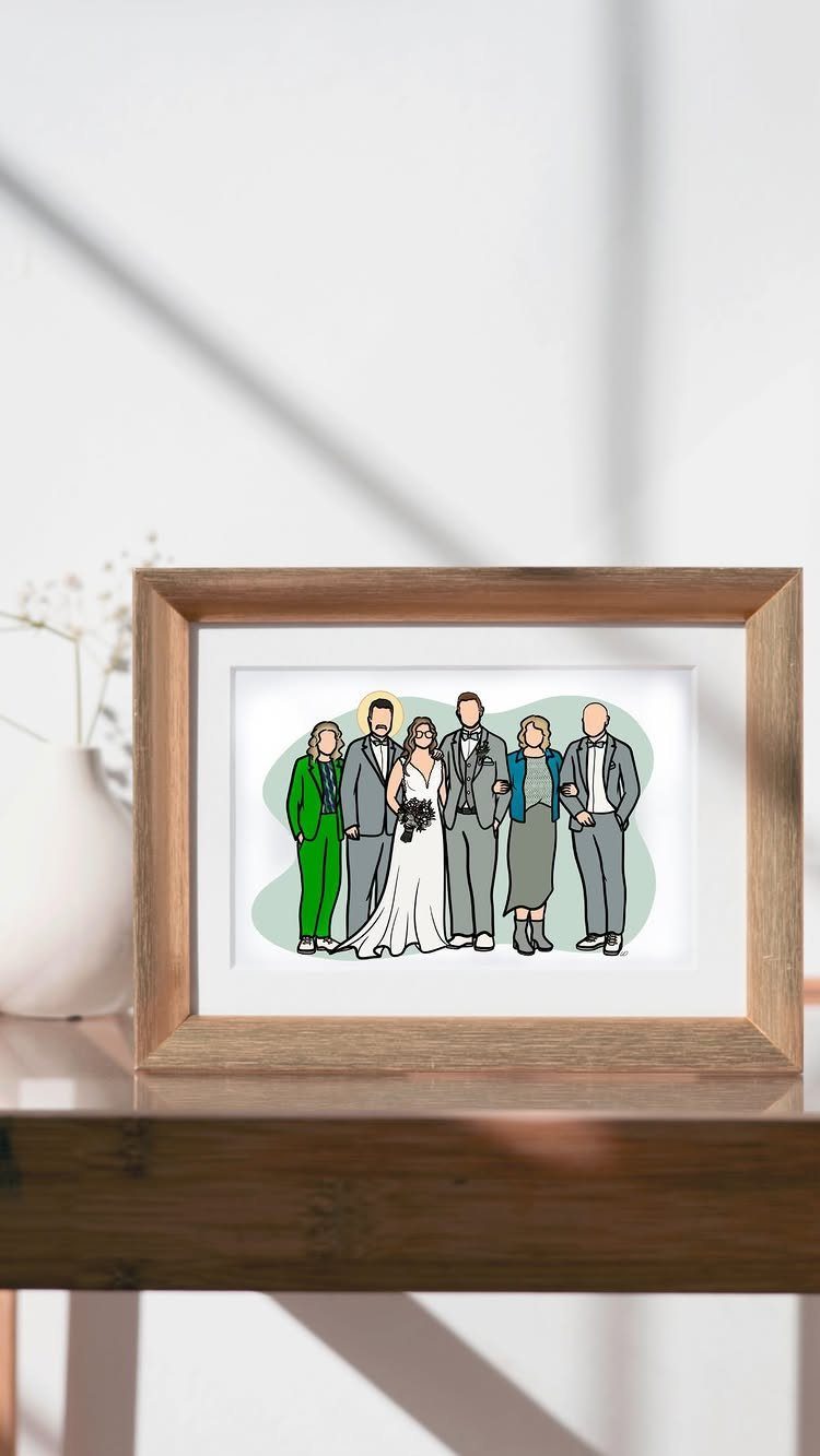 Framed custom illustration of a wedding party standing together in formal wear.