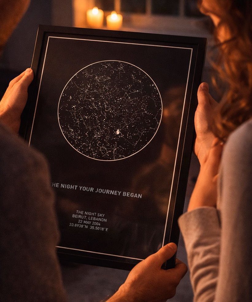 Couple holding a framed personalized star map of the night sky over Beirut.