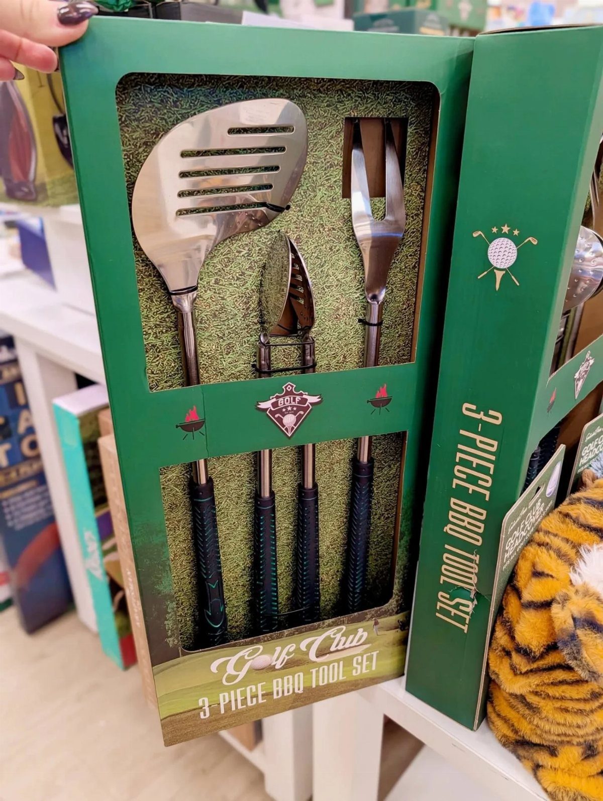 Golf club themed three piece BBQ tool set in a green gift box