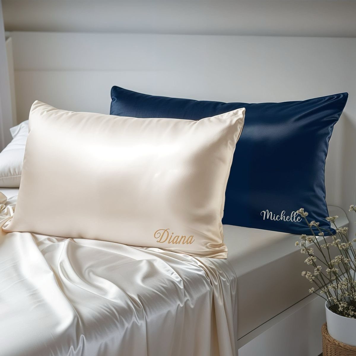 Two personalized silk pillowcases in cream and navy blue on a satin bed.