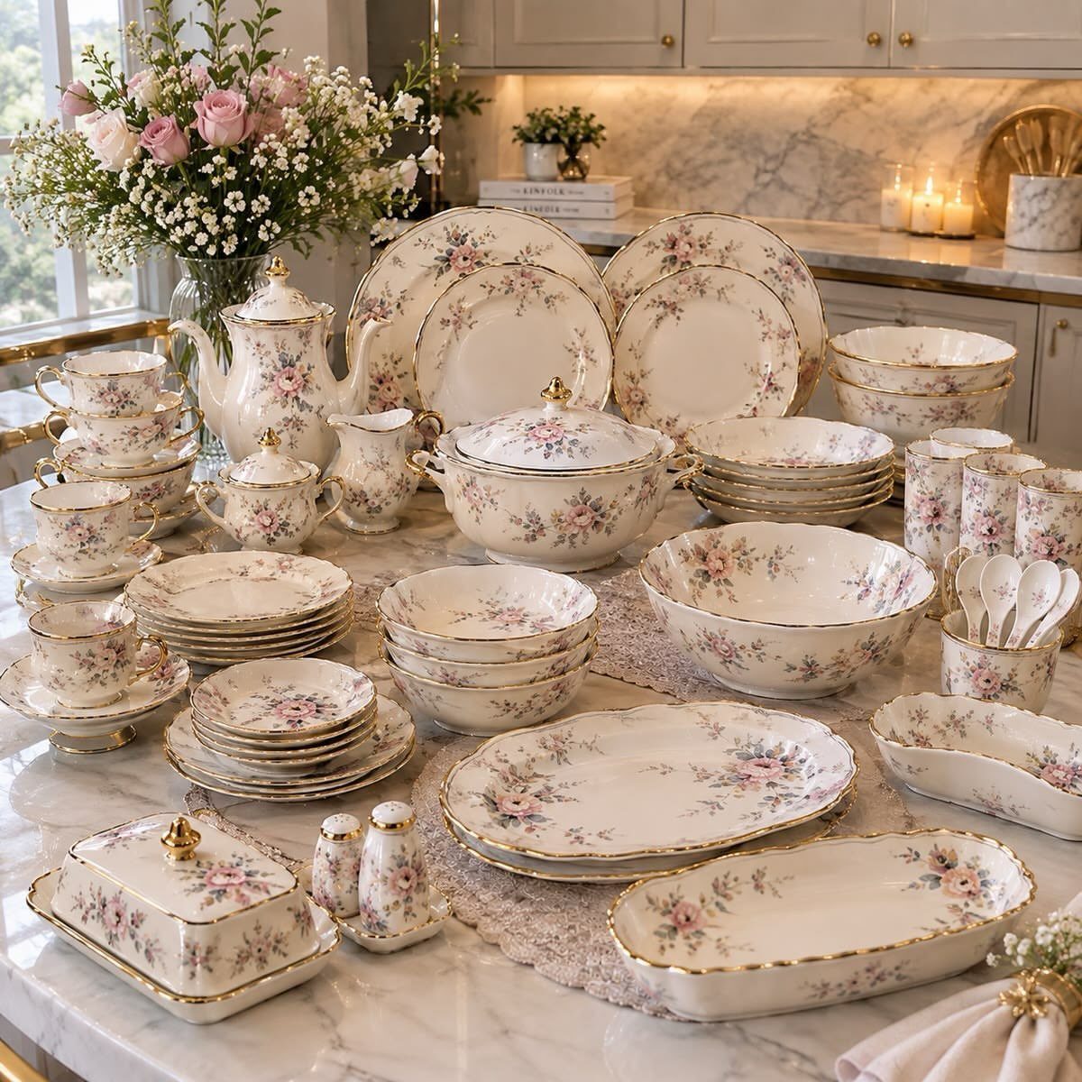 White china dinnerware set with pink floral patterns and gold rims on marble.