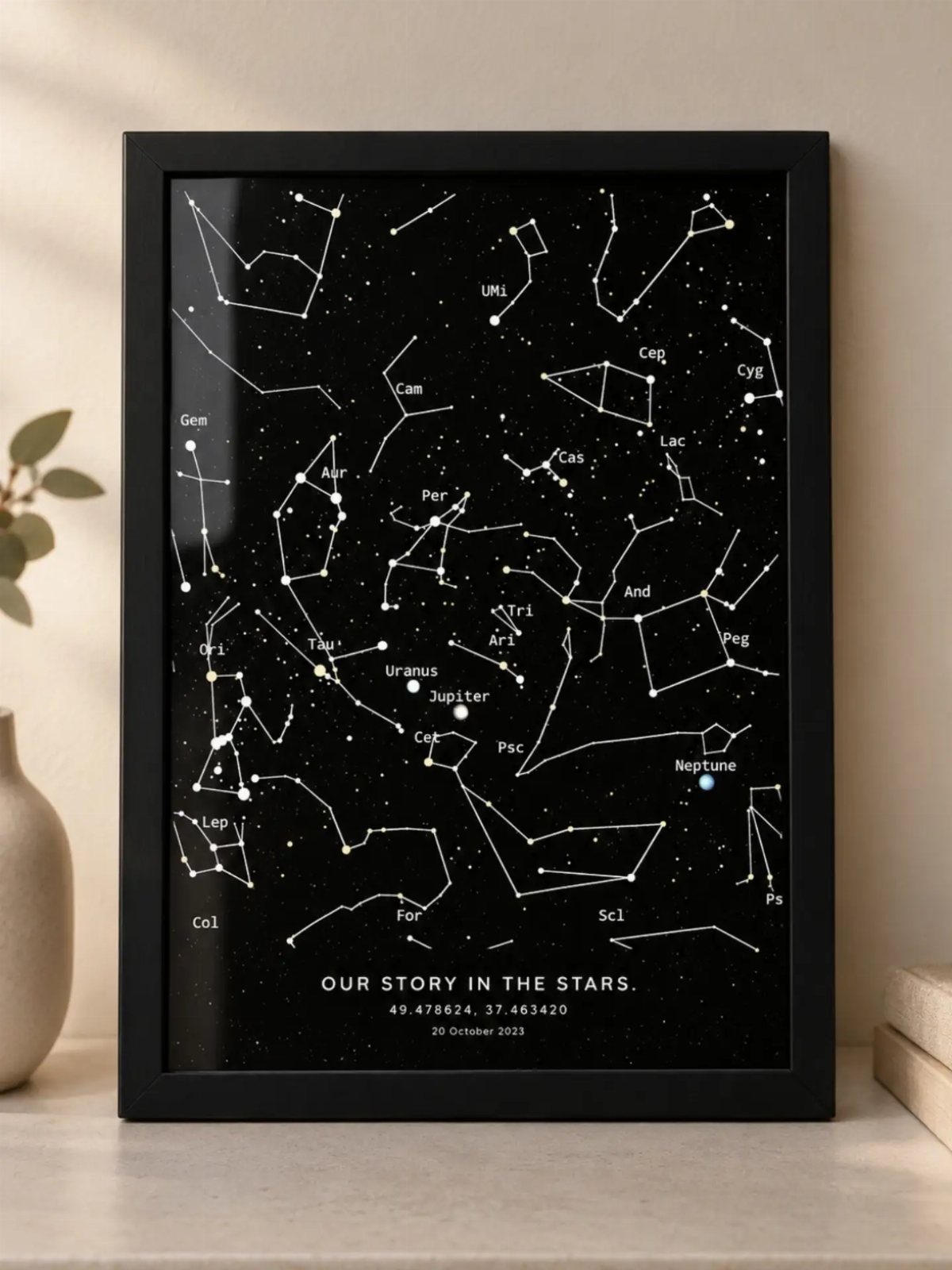 Framed star constellation map with romantic text and date on a black background.