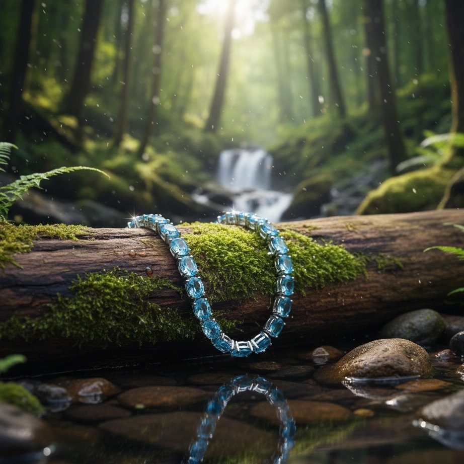Light blue gemstone bracelet resting on a mossy log in a sunlit forest