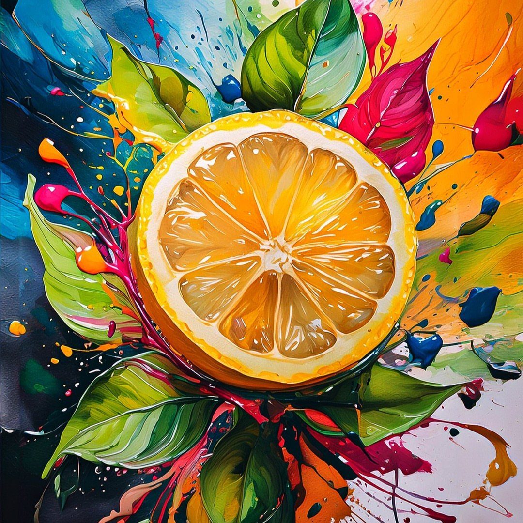 Sliced yellow lemon surrounded by green leaves and colorful abstract paint splashes.