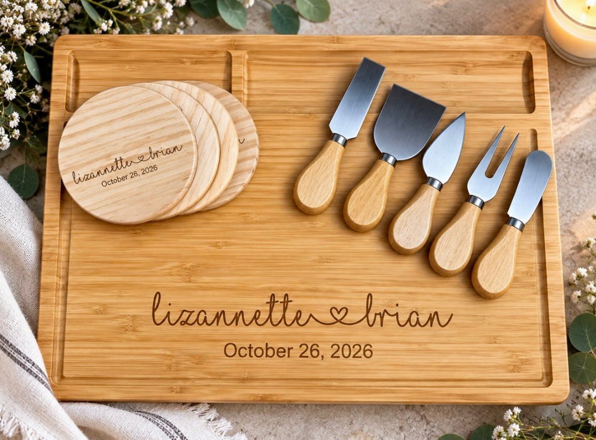 Engraved bamboo charcuterie board with cheese knives and matching wooden coasters.