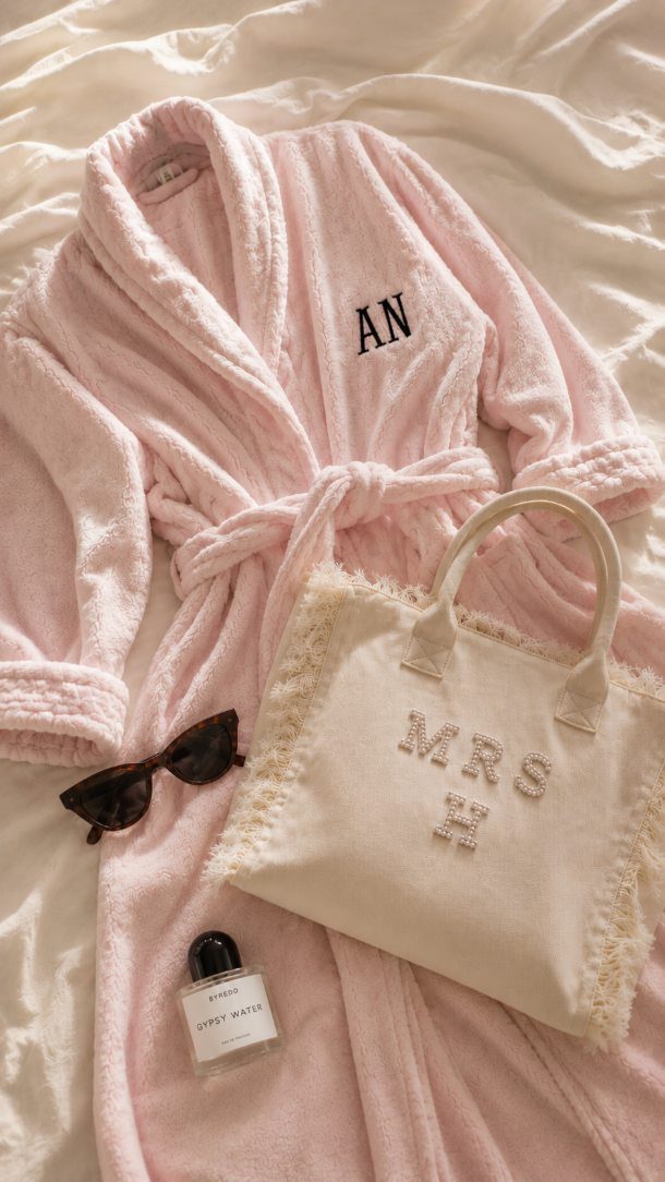 Cream tote bag with Mrs H sequins next to a pink plush robe.