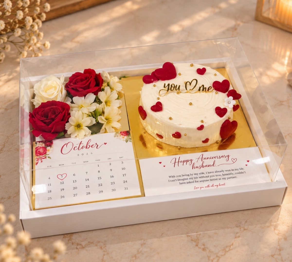 White anniversary gift box with a heart-decorated cake, red roses, and a calendar.
