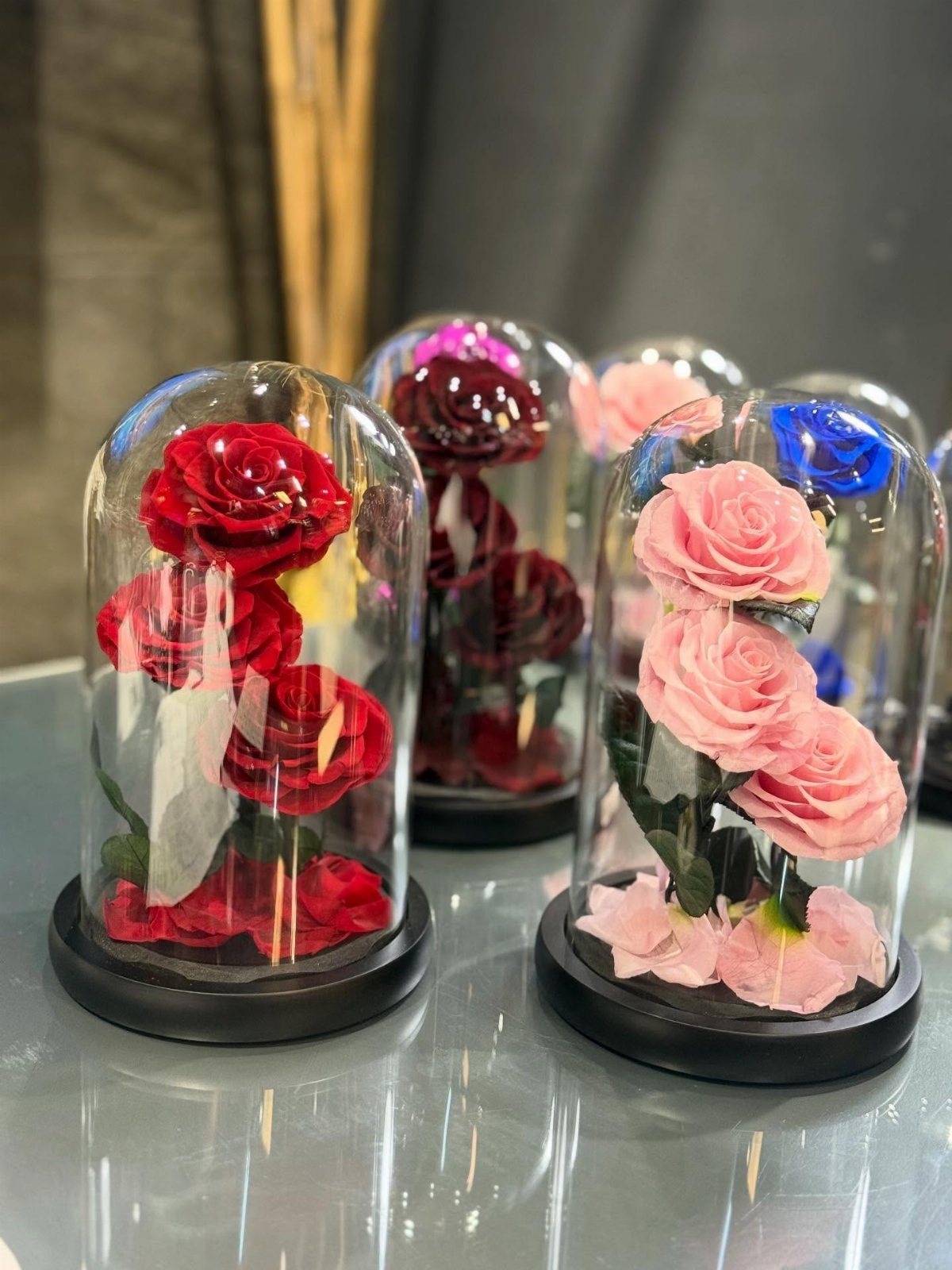 Preserved red and pink roses displayed inside clear glass domes on black bases.