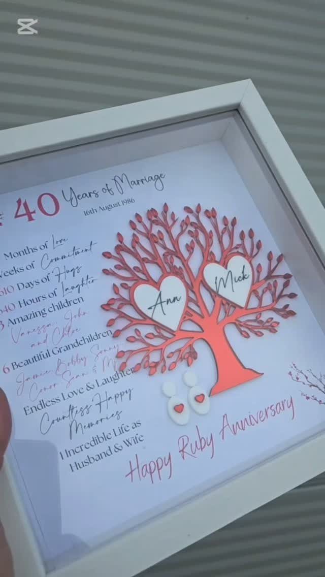 Ruby anniversary shadow box with a red metallic tree and personalized hearts.