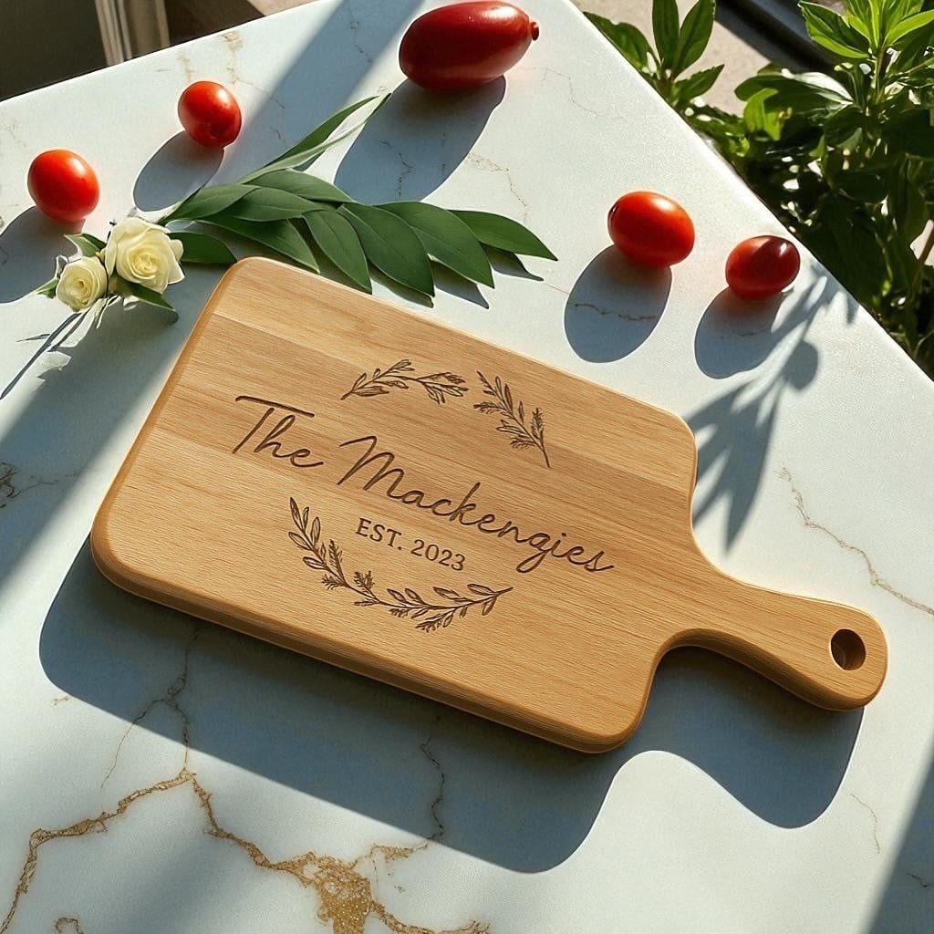 Engraved wooden cutting board with family name on a white marble countertop