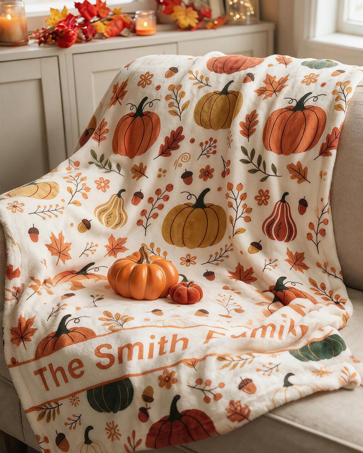 Personalized cream throw blanket with pumpkins and The Smith Family text on a sofa
