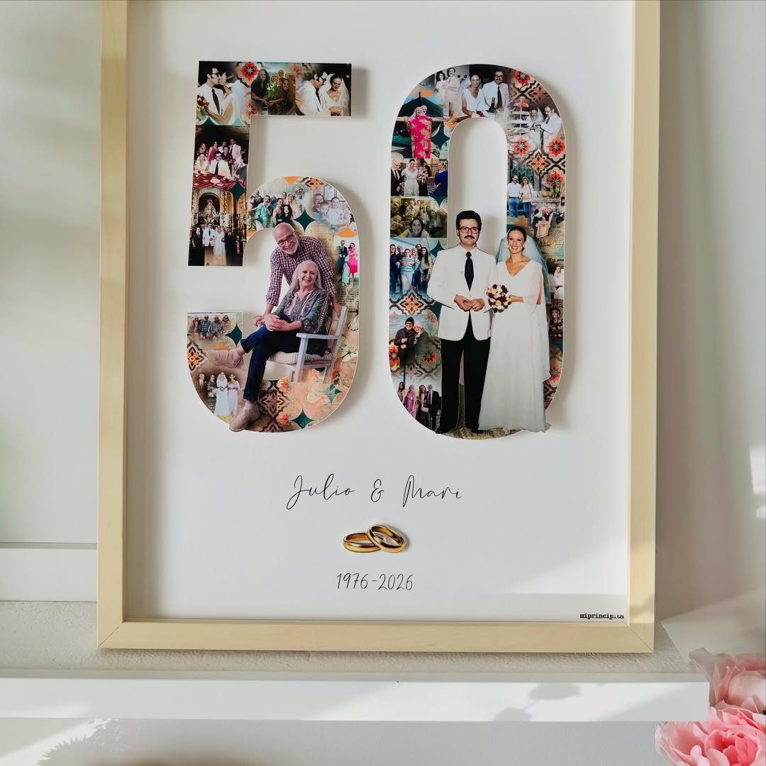 Framed photo collage in the shape of 50 for a golden anniversary gift.