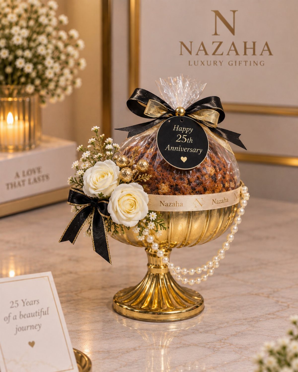 Gold pedestal bowl with white roses and pearls for a 25th anniversary gift.