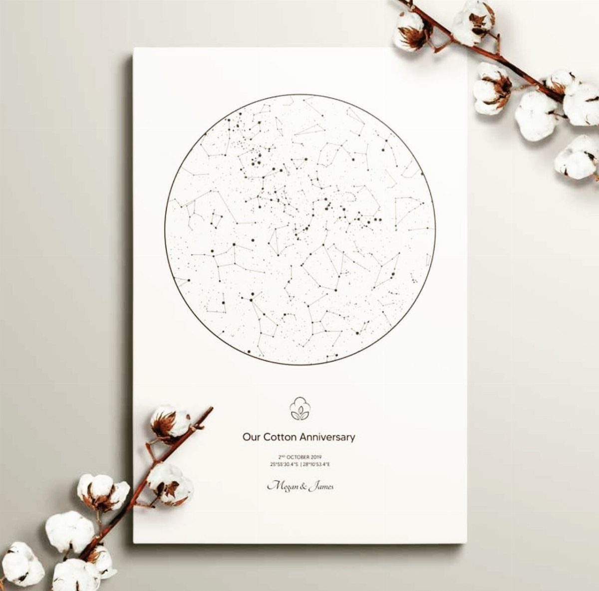Star map anniversary poster surrounded by natural white cotton plant branches