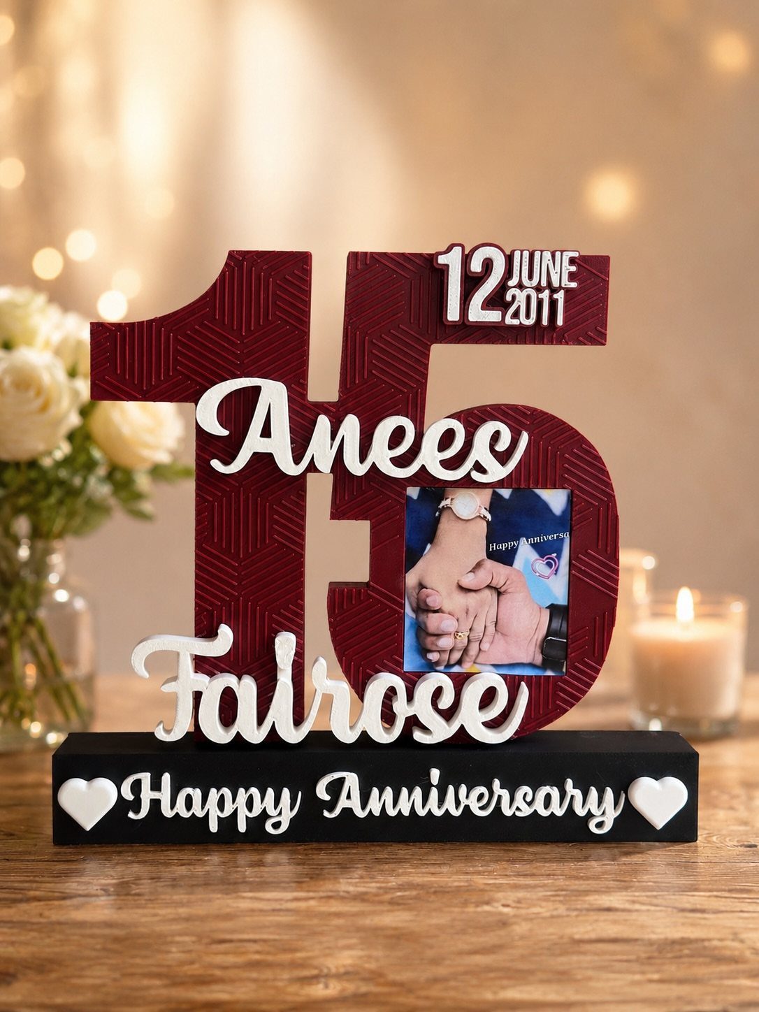 Red wooden number 15 anniversary gift with names, date, and couple's photo.