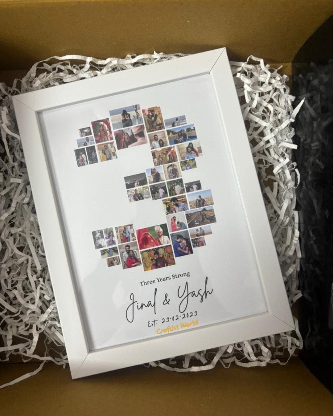Framed photo collage of the number 3 for a third wedding anniversary gift.