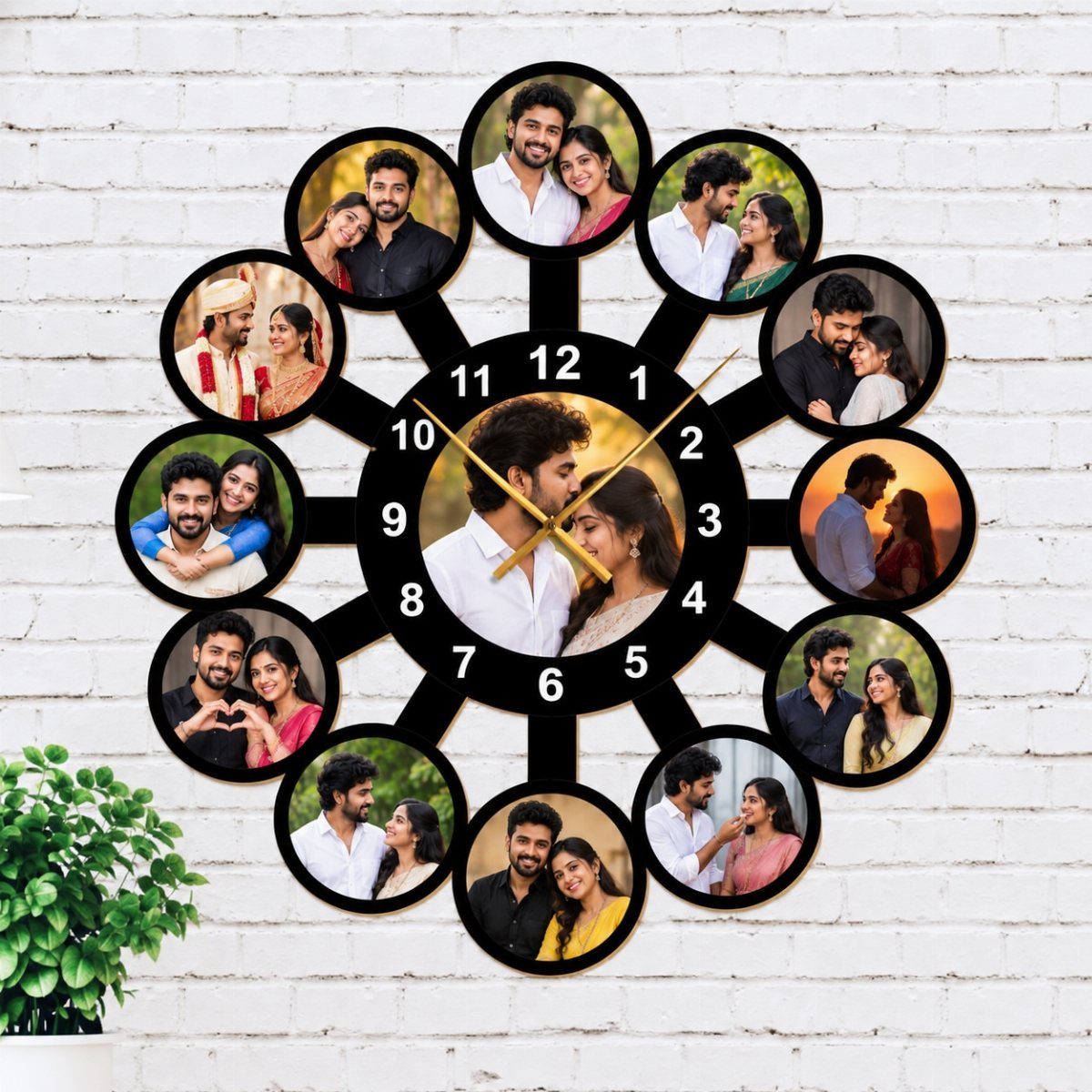 Custom photo wall clock with multiple images of a couple on white brick.