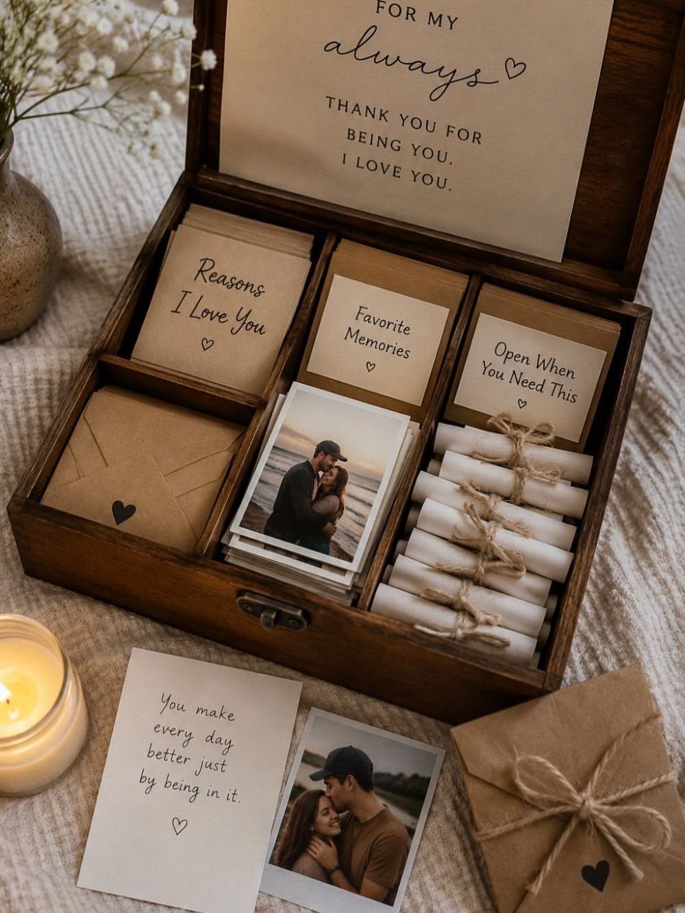 Wooden keepsake box filled with romantic notes, photos, and scrolls on white fabric.