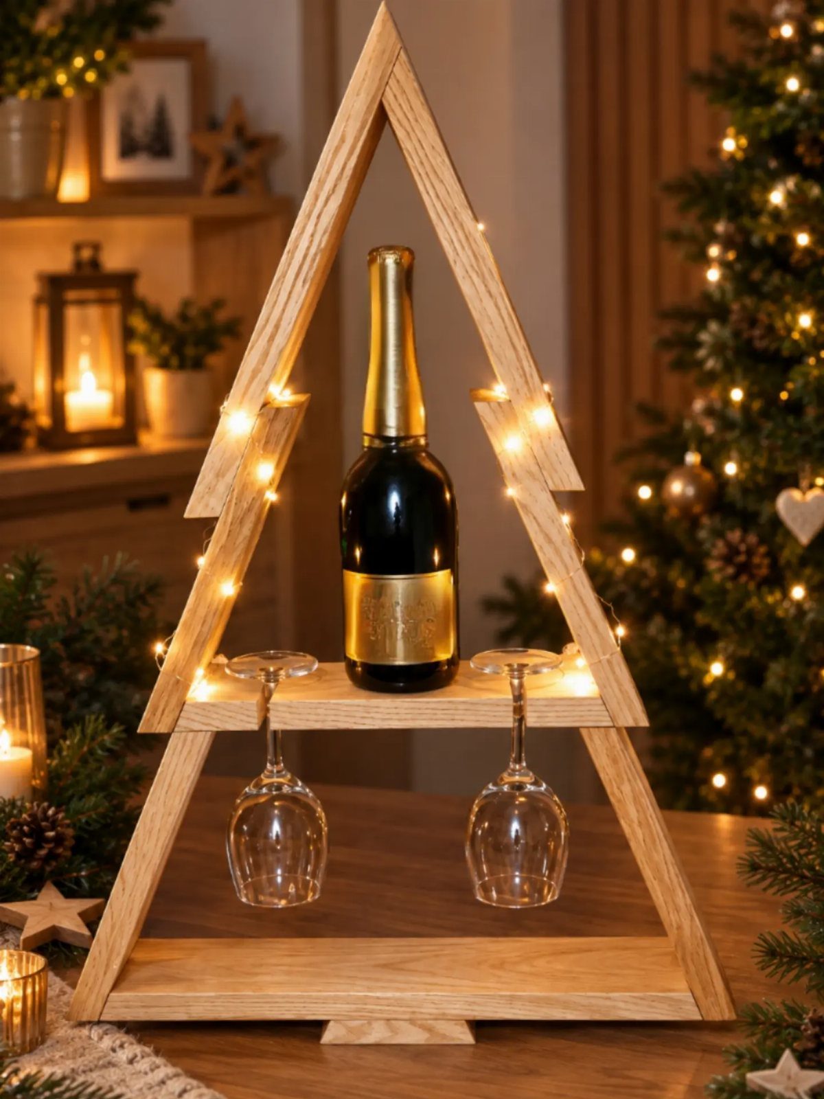 Wooden tree-shaped wine rack holding a champagne bottle and two glasses with fairy lights.