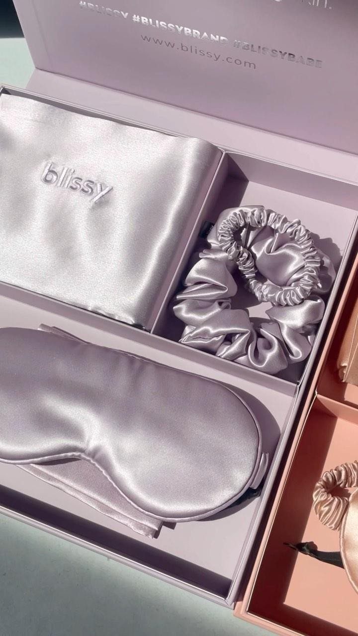 Satin sleep set with pillowcase, scrunchie, and mask in a purple gift box