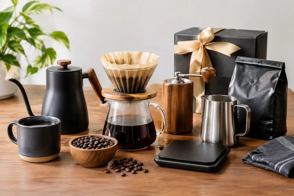 Coffee brewing gift set with black kettle and wrapped gift box on wooden table