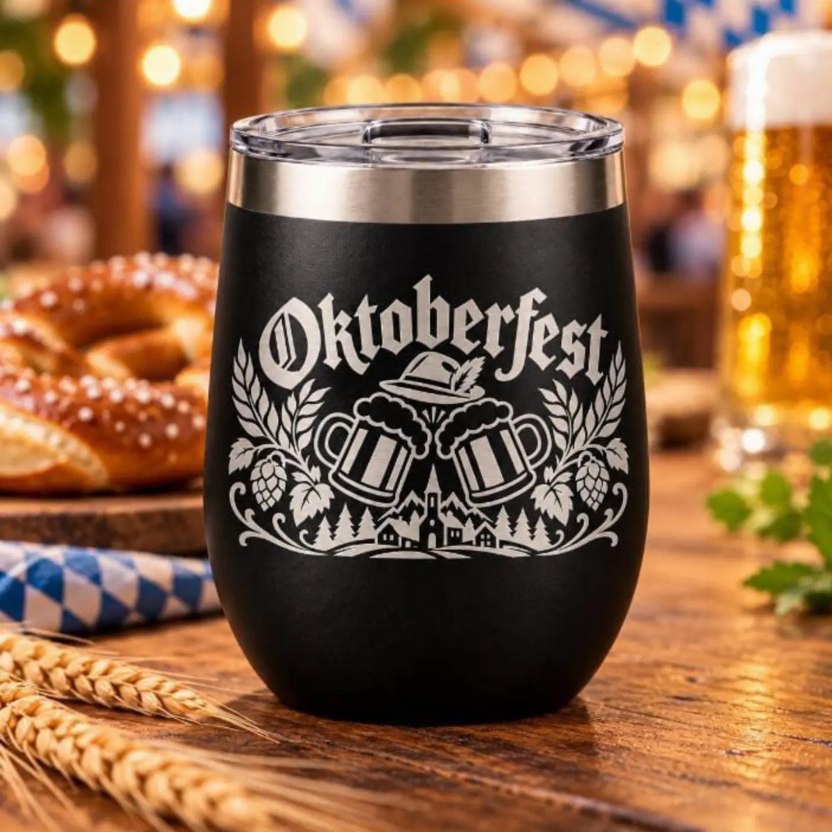 Black insulated tumbler with engraved Oktoberfest design on a wooden table with pretzels
