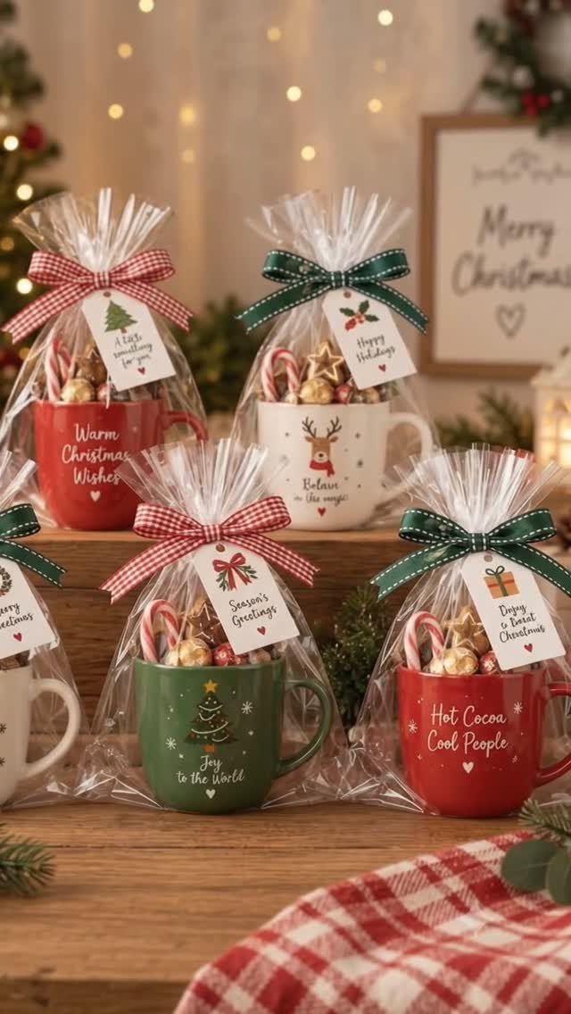 Festive Christmas mugs filled with candy and wrapped as gifts on wooden table