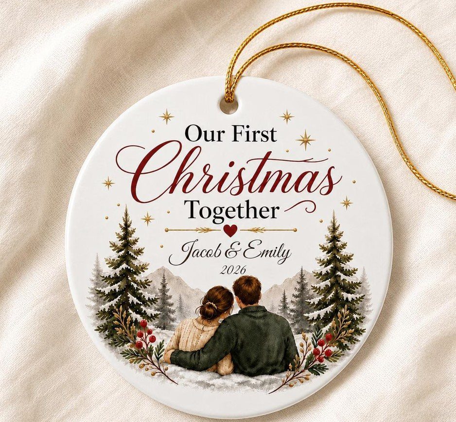 Round white ceramic ornament with a couple illustration and first Christmas text