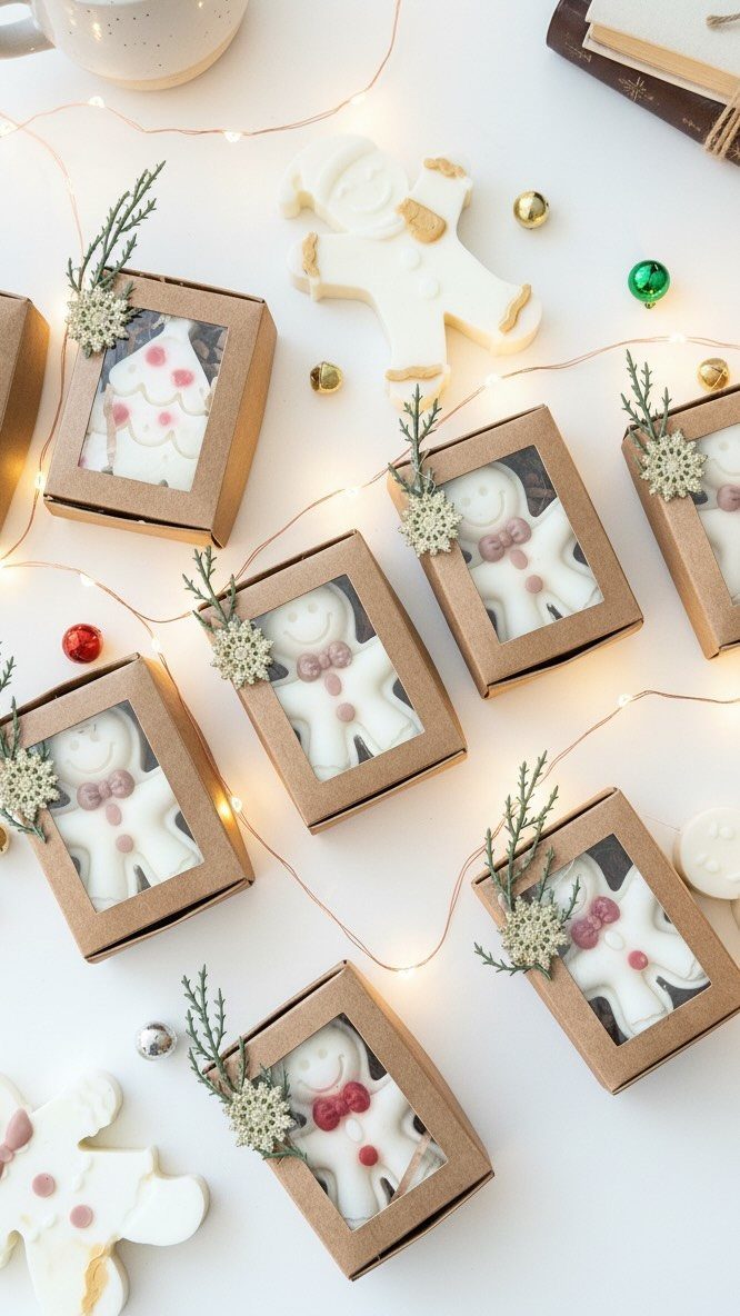 Gingerbread man cookies in decorated brown gift boxes with fairy lights and ornaments