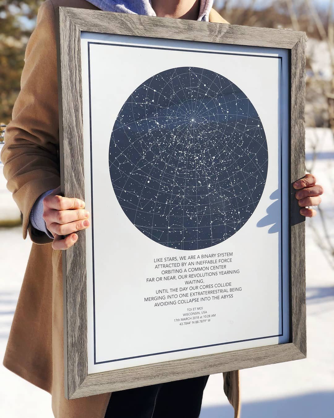 Framed star constellation map with a personalized message held by a person.