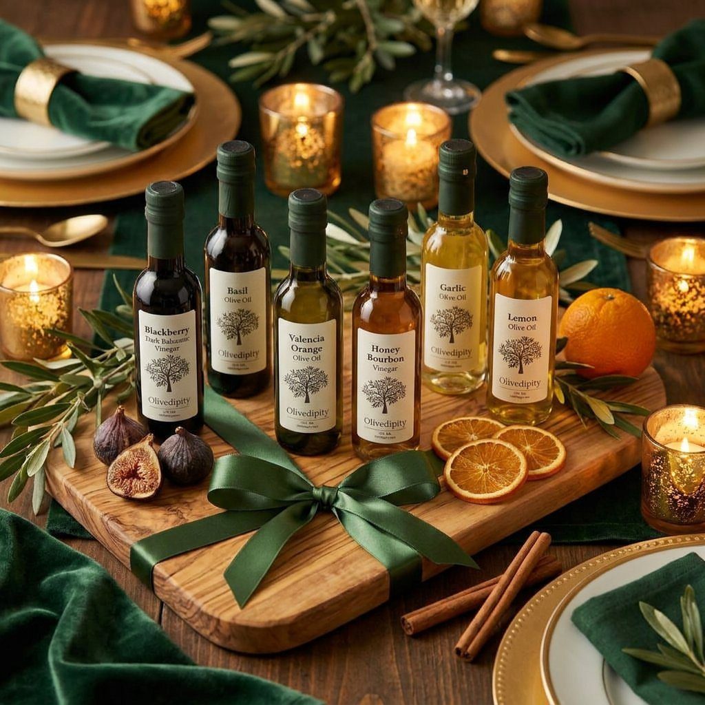 Assorted specialty olive oils and vinegars on a wooden board with festive decorations.