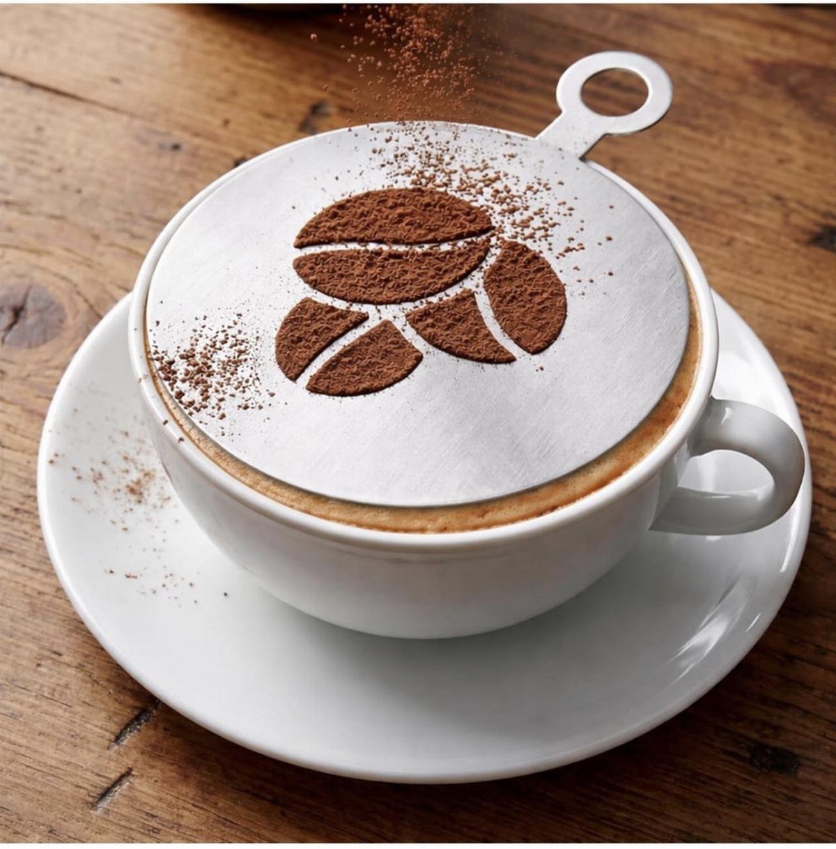 19 Coffee Fan Gifts for Every Budget and Brew Style 19 Metal stencil on coffee foam creating a volleyball design with cocoa powder