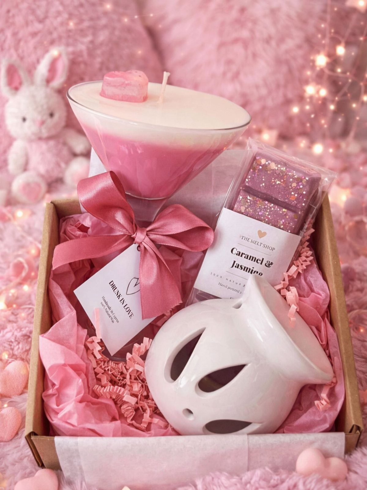 Pink gift box with a candle, wax melts, and a white ceramic burner.