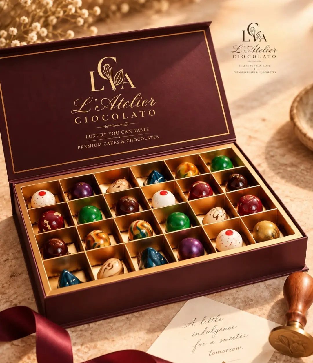 Assorted colorful gourmet chocolates in a burgundy gift box with gold lettering.