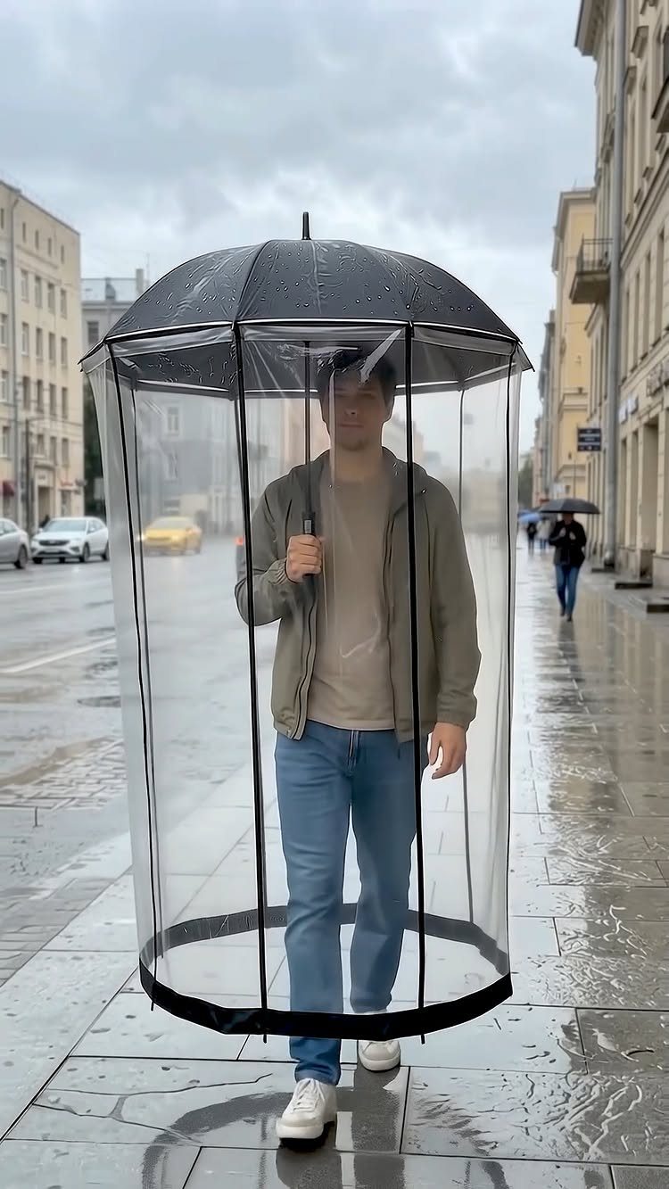 Man standing under a full-body transparent umbrella on a rainy city street