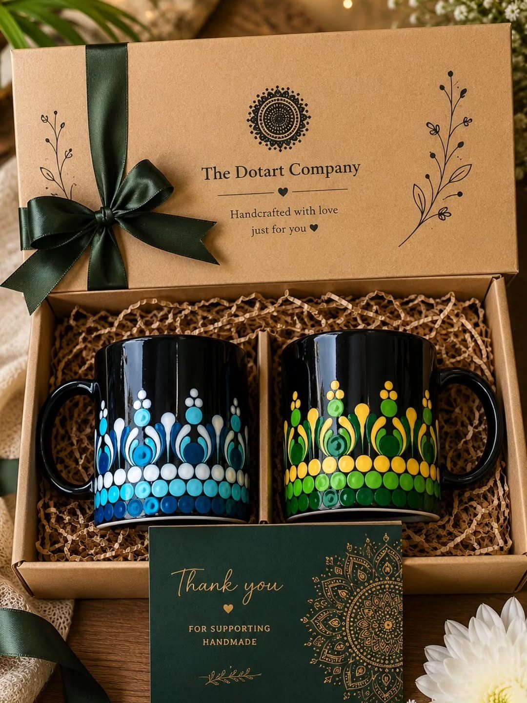 Two black mugs with colorful dot art patterns in a gift box.