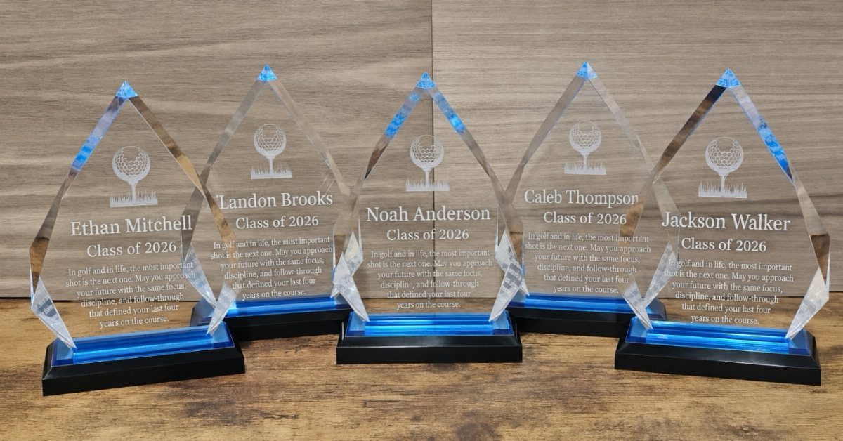 Custom Engraved Gifts: 10 Ideas for Every Occasion 9 Five pointed acrylic awards with engraved names and text on black bases.