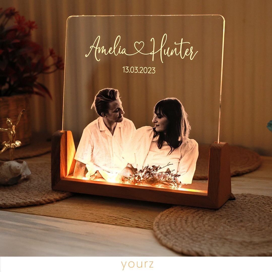 Custom Engraved Gifts: 10 Ideas for Every Occasion 6 Engraved acrylic photo plaque of a couple with names and date on wooden base