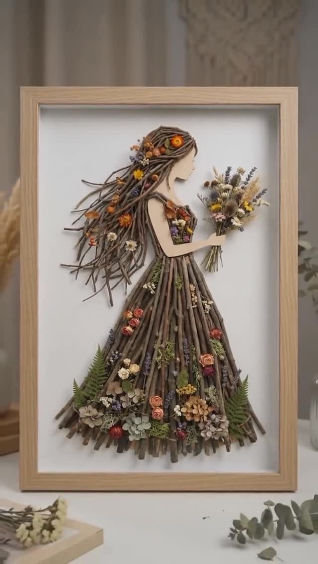 Framed 3D silhouette of a woman with a dress made of twigs and flowers