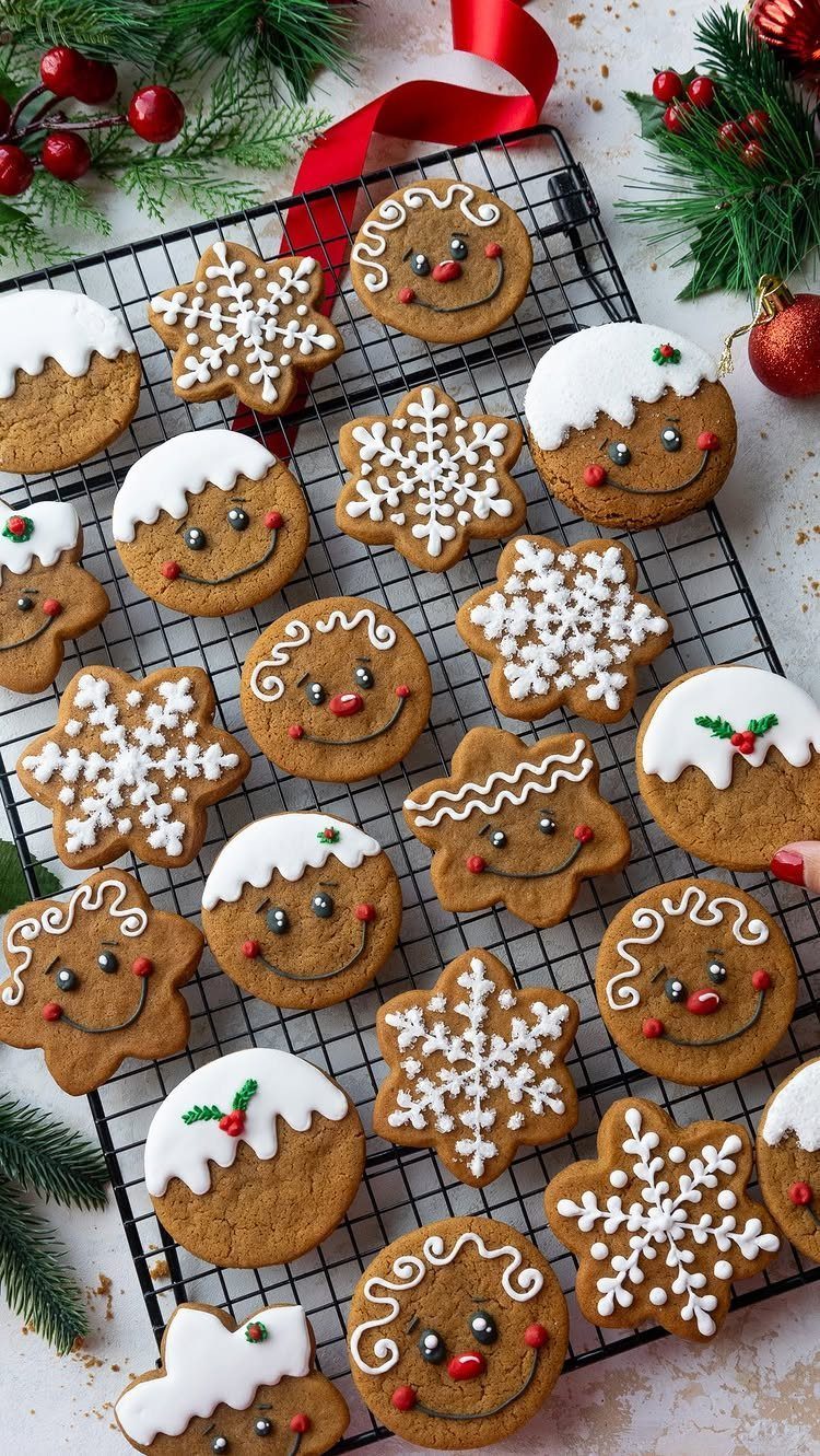 Decorated gingerbread cookies on a cooling rack surrounded by pine branches and ribbon.