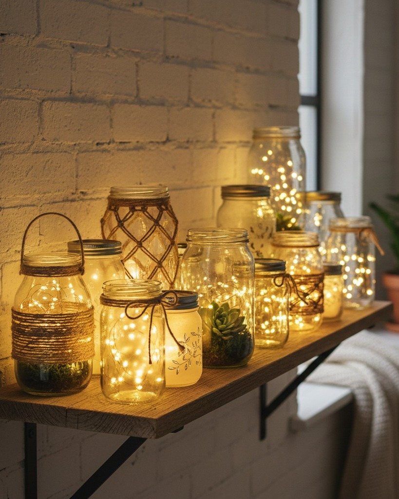 Mason jars filled with glowing fairy lights arranged on a rustic wooden shelf.