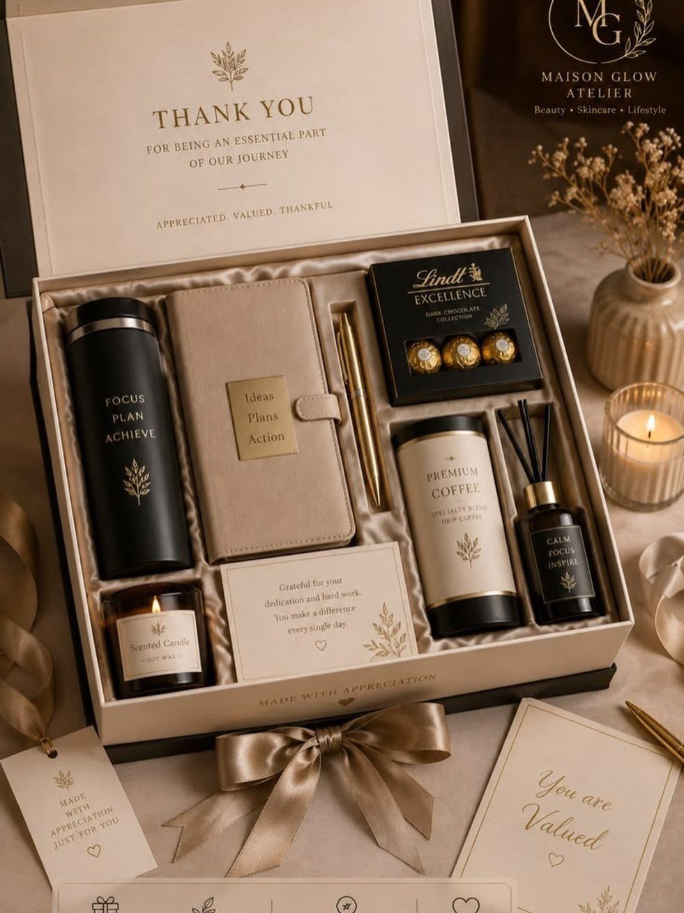 Curated gift set in a box with coffee, chocolates, notebook, and candle.