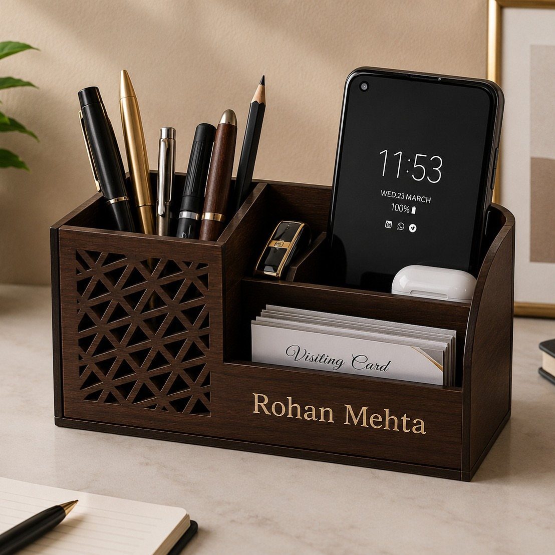 Wooden desk organizer with pens, smartphone, and business cards, engraved with a name.