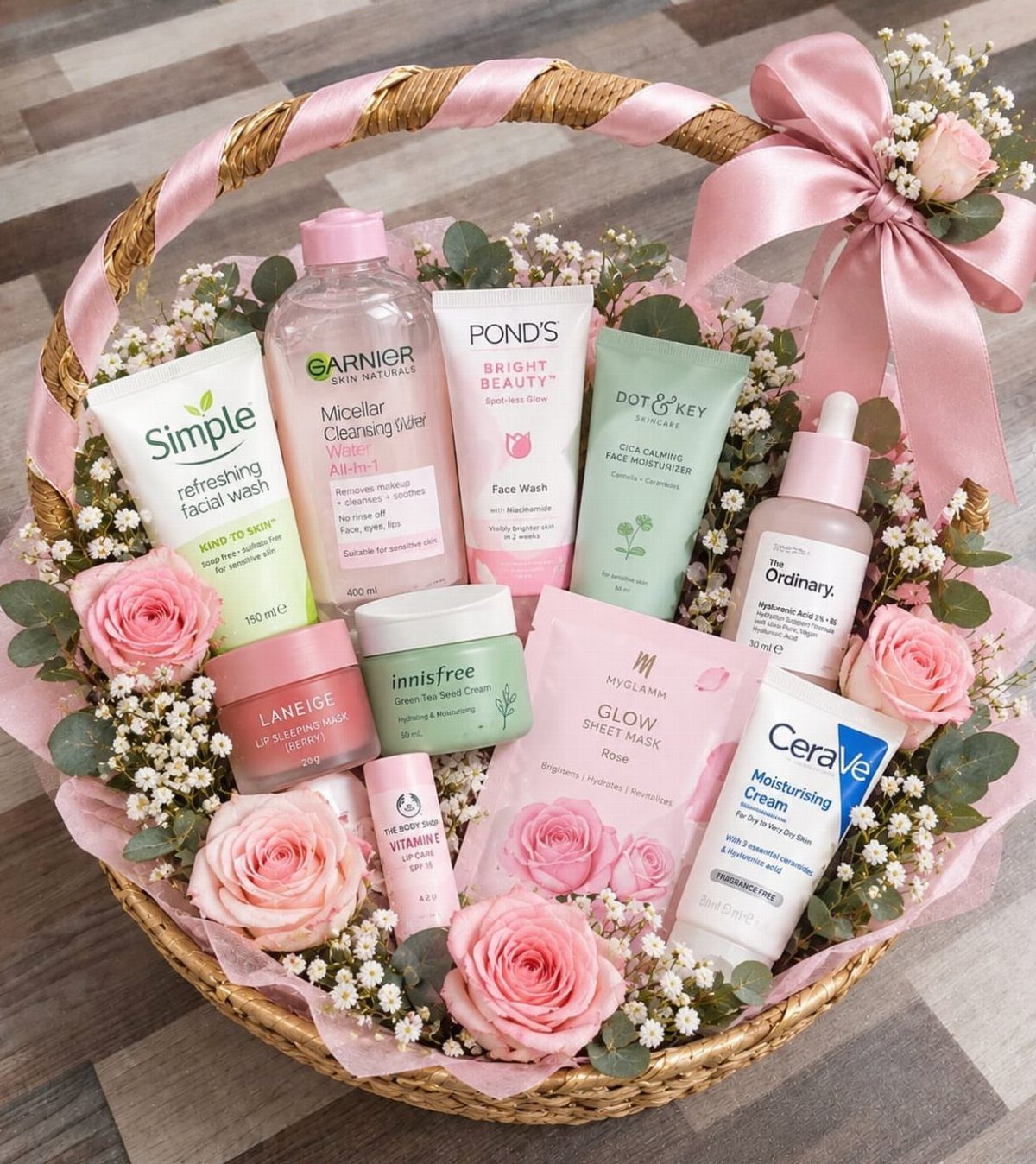 Skincare gift basket with various beauty products, pink roses, and a satin bow.