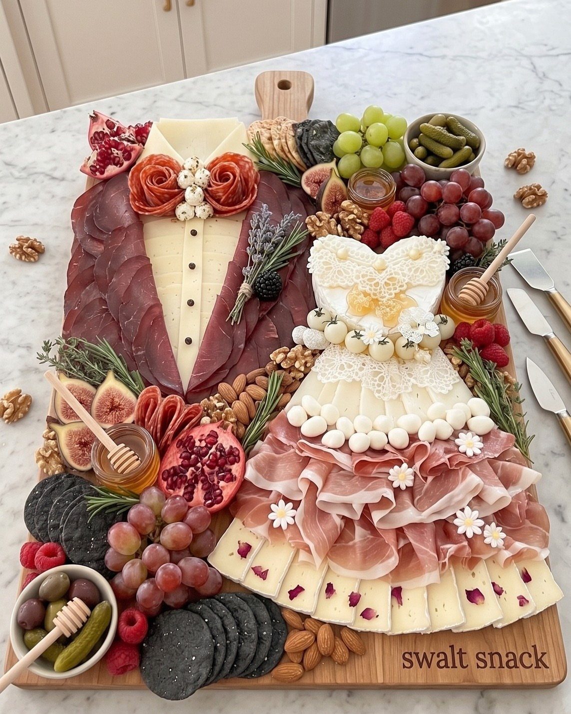 Charcuterie board with meats and cheeses arranged as a tuxedo and wedding dress.