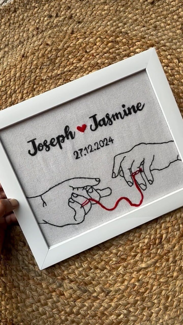 Framed embroidery of two hands connected by a red thread with names and date.