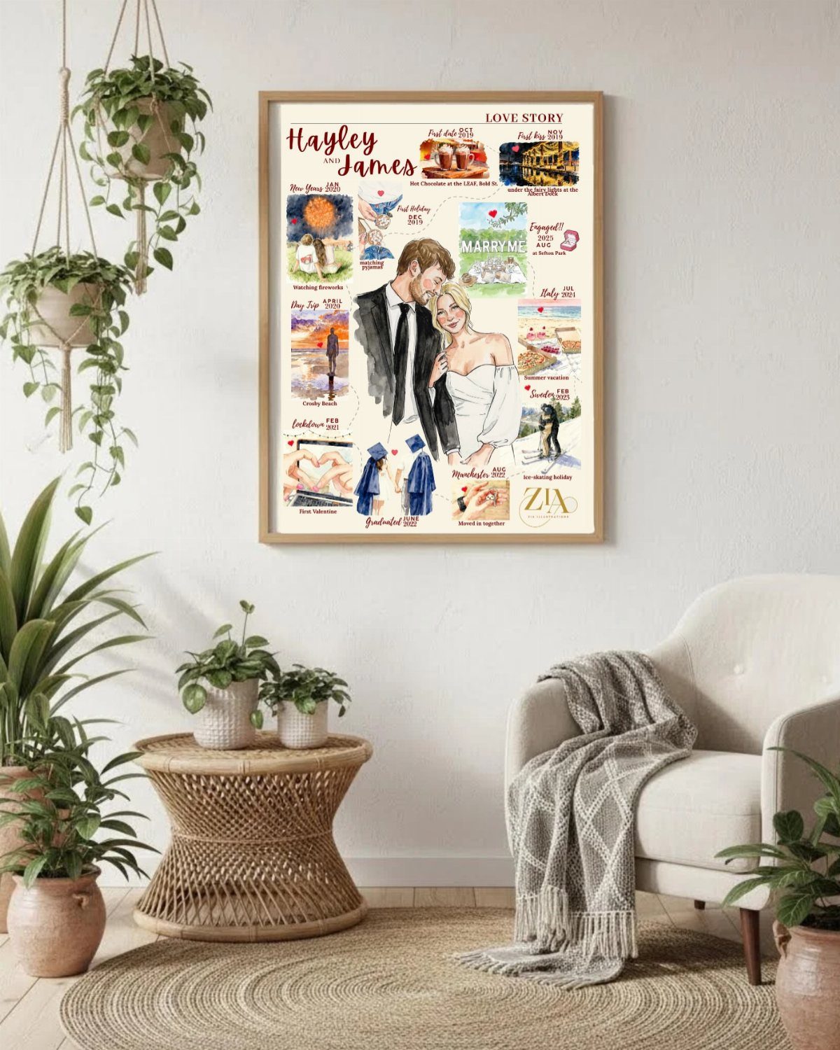 Custom couple's artwork in a wooden frame hanging in a bright living room.