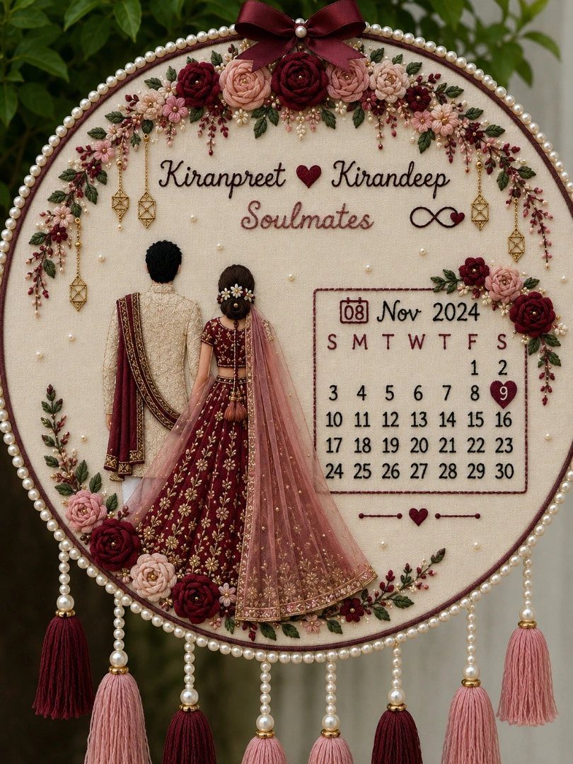Circular embroidery hoop with couple illustration, names, and a November 2024 calendar.