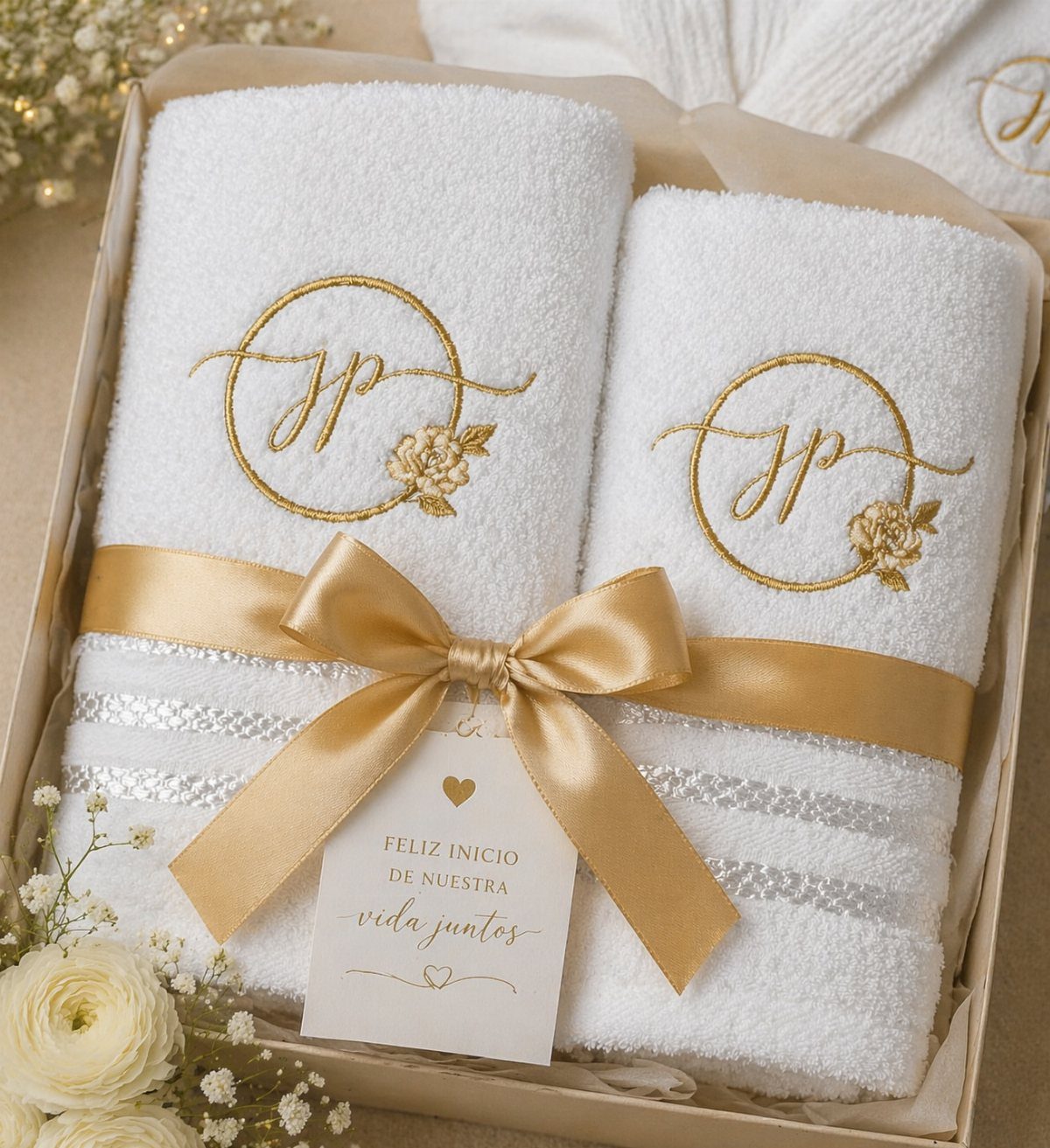 White towels with gold embroidered initials tied with a gold ribbon in a box.