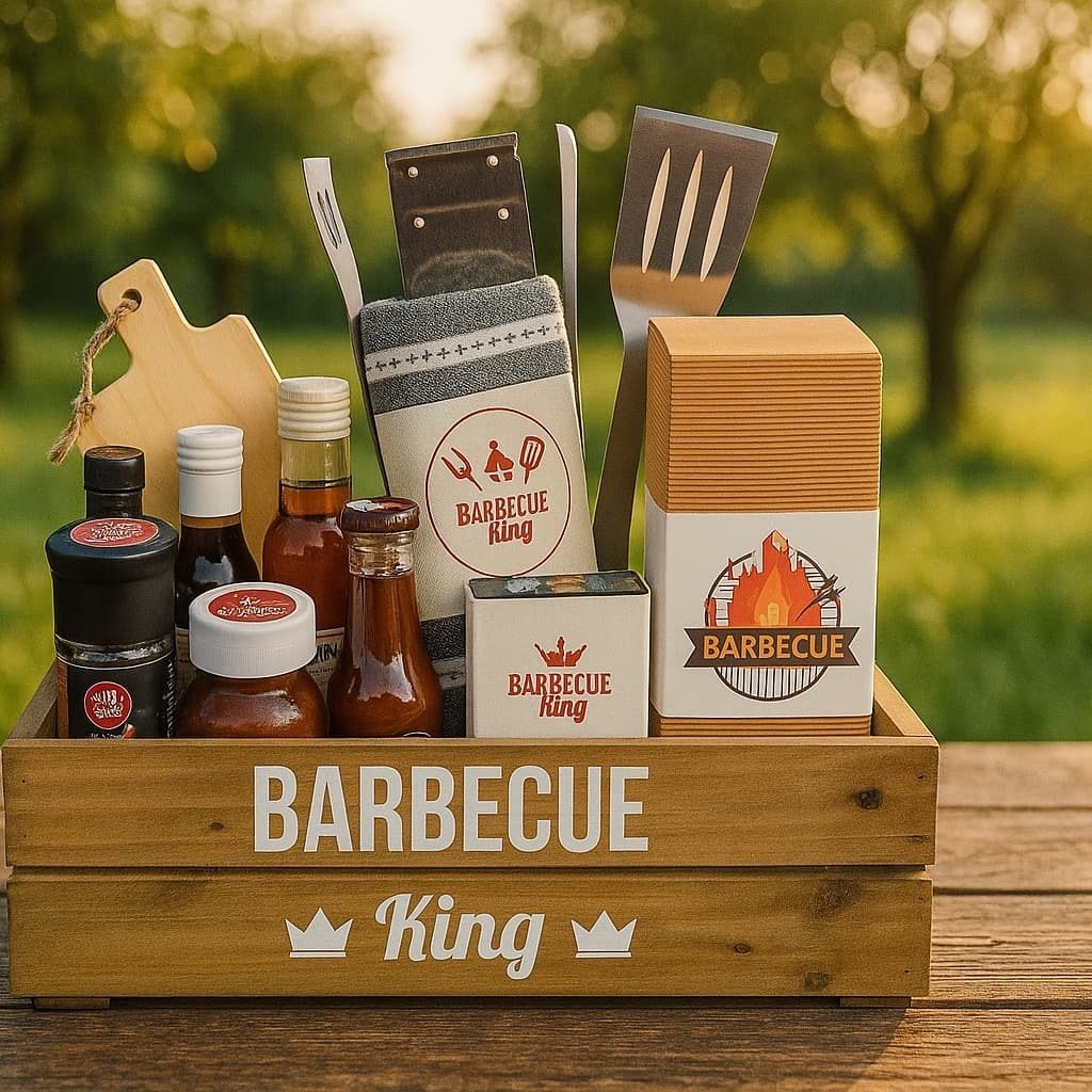 22 Gift Ideas for Brother, From Hoodies to Gadgets 16 Barbecue gift set in a wooden crate with sauces, tools, and an apron.